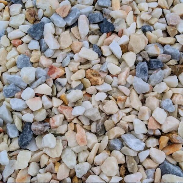 Blossom Flamingo or Flamenco gravel close up of 20mm product. Small peach, pink, grey and blue marble stones.